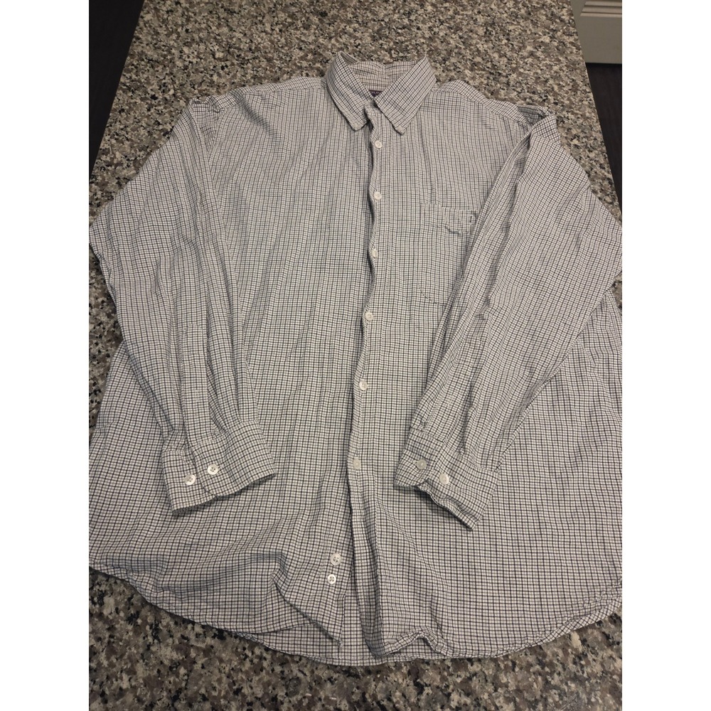 Roundtree & Yorke Button Down Shirt Mens Lg White Black Grid Cotton Long Sleeve